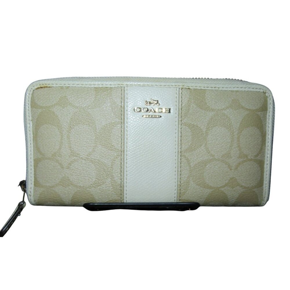 Coach Signature C Leather Zip Around Accordion Long Wallet Khaki & Bone F52859